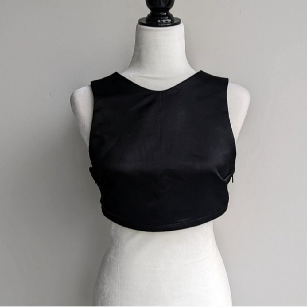 Black satin sleeveless crop top